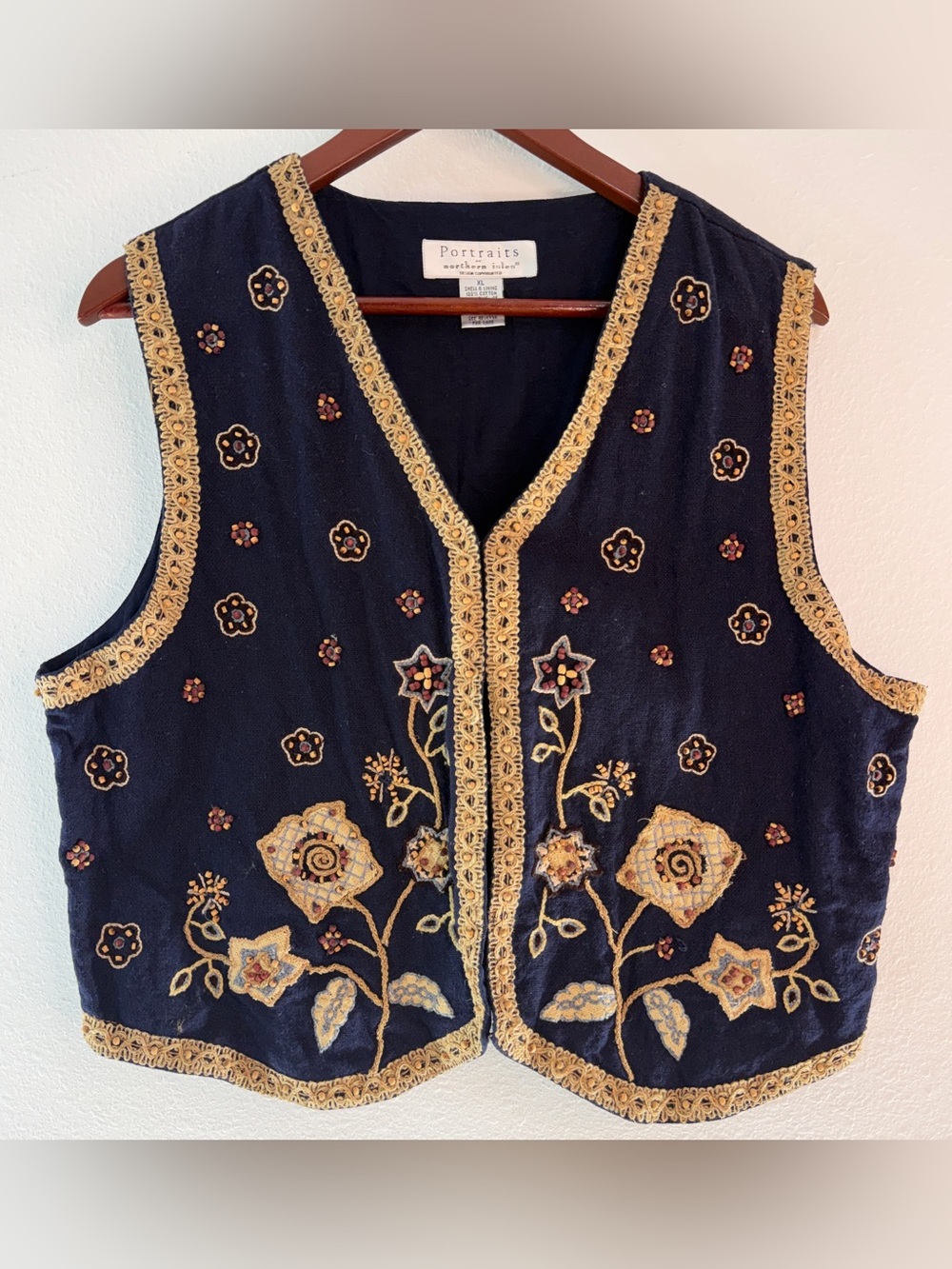 Vintage 90s 3D Blue Floral Embroidered Beaded Vest XL Boho FolkArt Indie Cottage